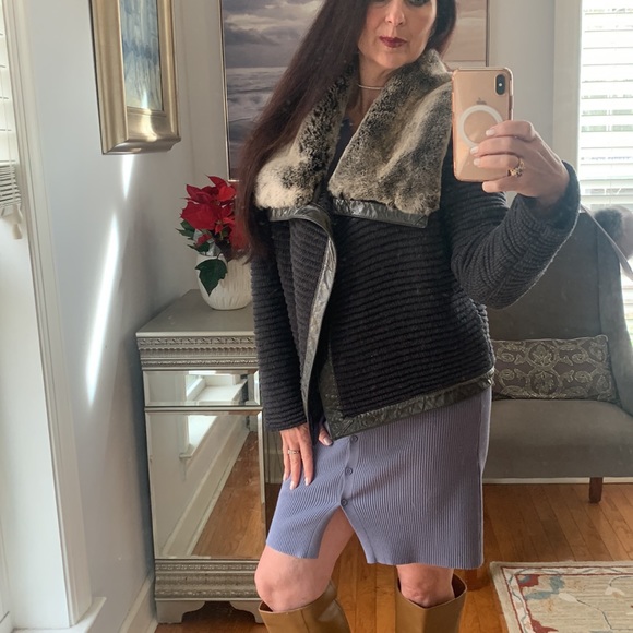 ST. JOHN Designer fur Coat Jacket Leather Wool Rabbit Gray S 4 6 Luxury - Picture 12 of 14